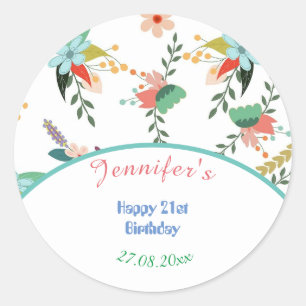 Cute Colourful Floral Happy Birthday 21st Classic Round Sticker