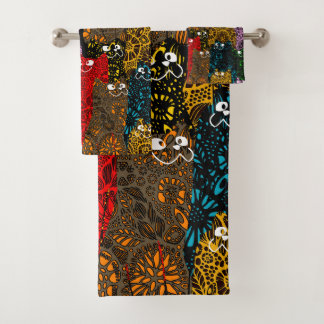 Cute & Colourful Floral Happy Cats Bath Towel Set