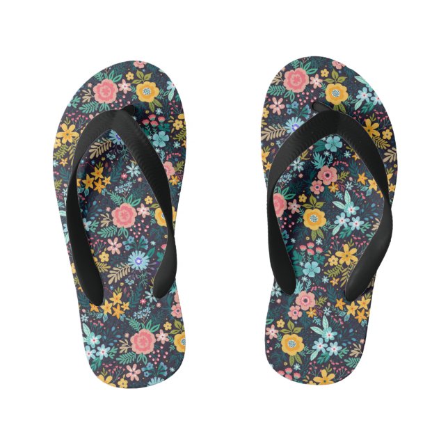 Cute Colourful Floral Pattern Kid's Flip Flops (Footbed)