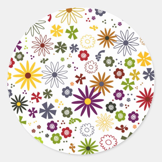 Cute colourful floral pattern on white background classic round sticker (Front)