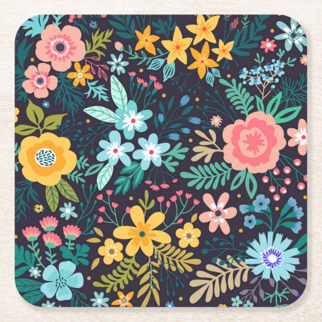 Cute Colourful Floral Pattern Square Paper Coaster (Front)