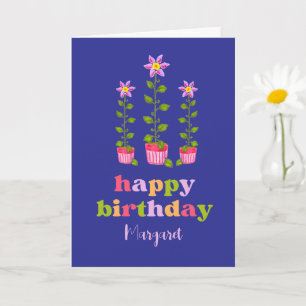 Cute Colourful Floral Personalised Navy Birthday Card
