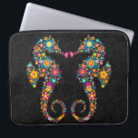 Cute Colourful Floral Sea Horses Illustration Laptop Sleeve<br><div class="desc">Cute colourful retro flowers seahorses illustration over black circles background.</div>