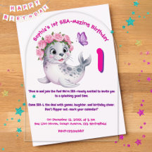 Cute Colourful Floral Sea Lion Girly Kids Birthday