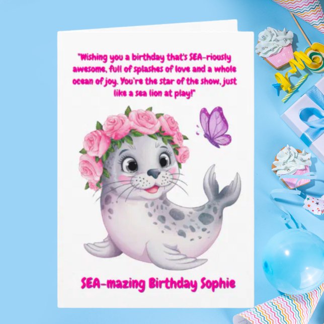 Cute Colourful Floral Sea Lion Girly Kids Birthday Card (Creator Uploaded)