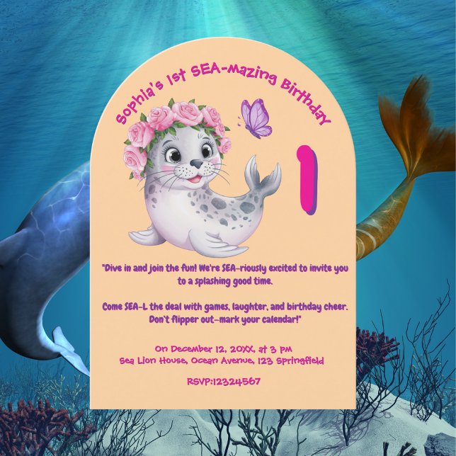 Cute Colourful Floral Sea Lion Girly Kids Birthday Invitation (Creator Uploaded)