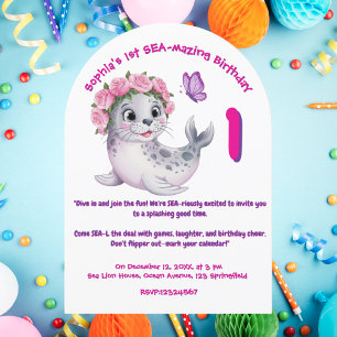 Cute Colourful Floral Sea Lion Girly Kids Birthday Invitation