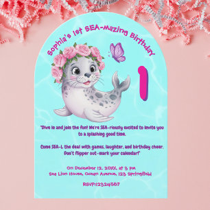 Cute Colourful Floral Sea Lion Girly Kids Birthday Invitation