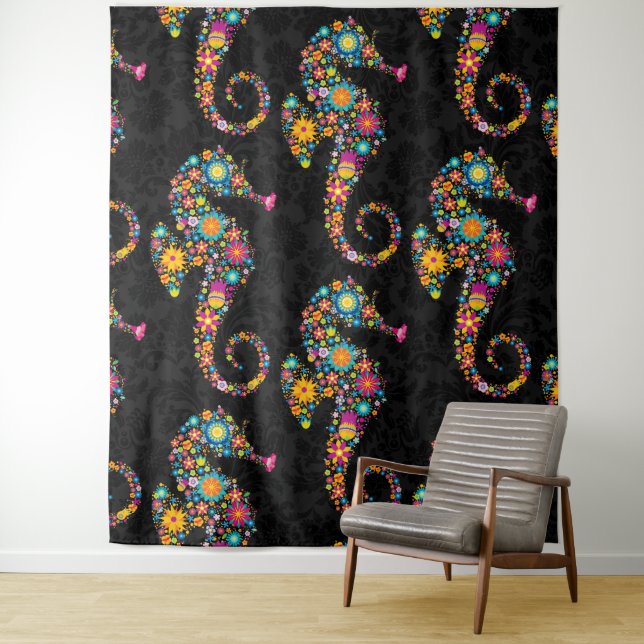 Cute Colourful Floral Seahorse Black Damasks Tapestry (In Situ)