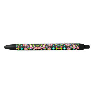 Cute colourful floral skull black ink pen