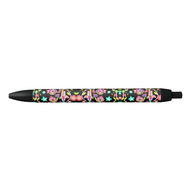 Cute colourful floral skull black ink pen (Front)