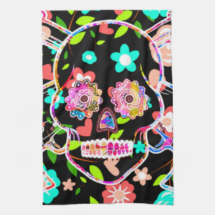 Cute colourful floral skull tea towel