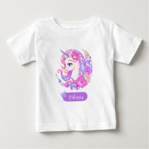 Cute colourful floral unicorn personalised girl baby T-Shirt