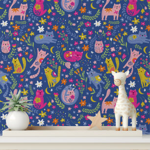 Cute Colourful Flower Cats Modern Pattern Wallpaper