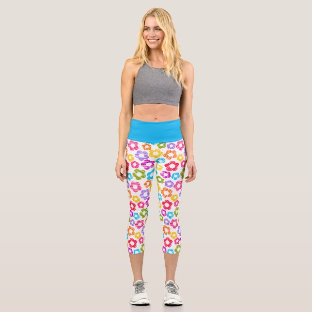 Cute colourful flower girly cheerful floral patter capri leggings (Front)