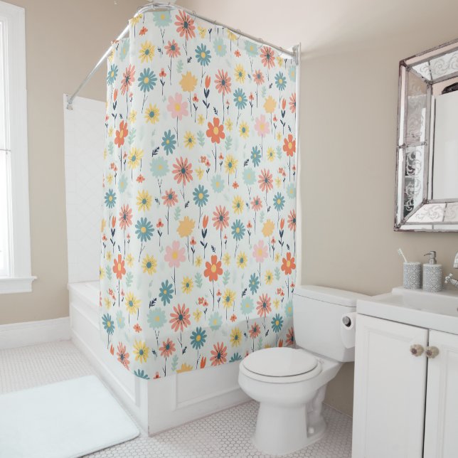 Cute Colourful Flower Pattern Shower Curtain (In Situ)