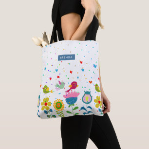 Cute colourful flowers and birds tote bag