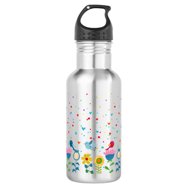 Cute colourful flowers & birds design 532 ml water bottle (Front)
