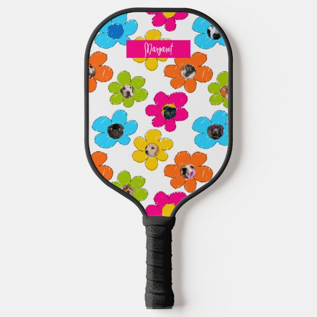 Cute colourful flowers Dog Mum Photo Collage Name Pickleball Paddle (Front)