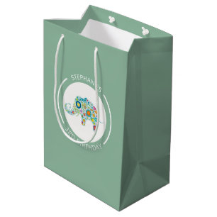 Cute colourful flowers elephant monogram medium gift bag