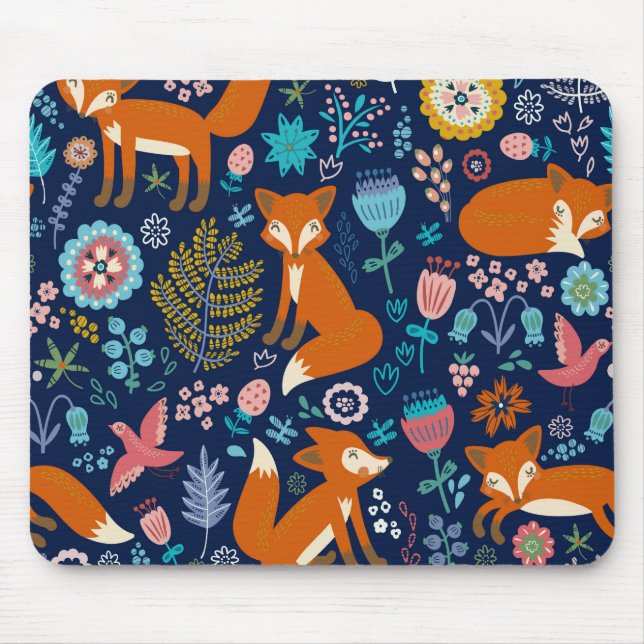 Cute Colourful Flowers & Foxes Pattern Mouse Mat (Front)