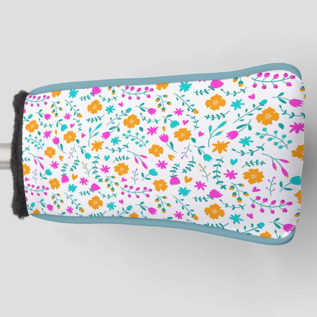 Cute colourful flowers pattern fabric golf head cover (Front)