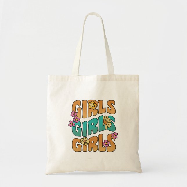 cute colourful flowers retro girl  tote bag (Front)