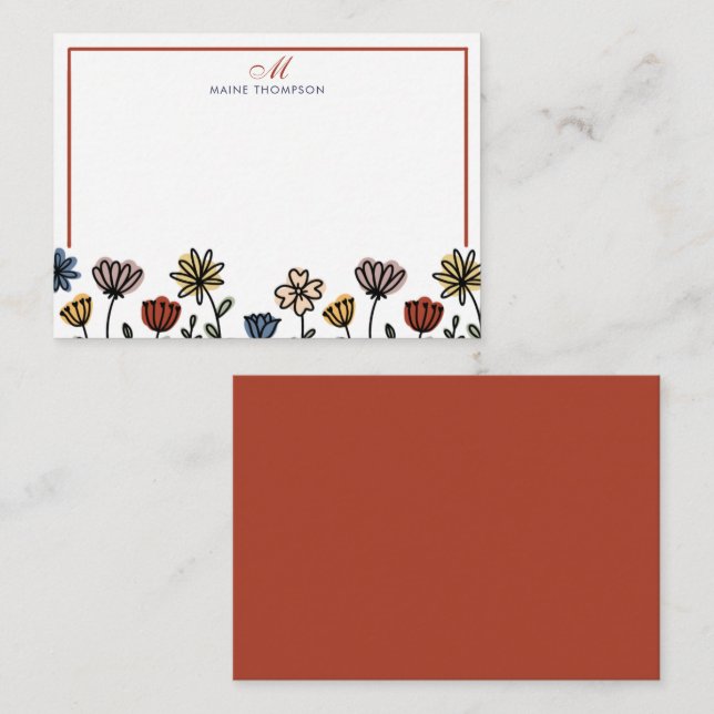 Cute Colourful Flowers Script Monogram Note Card (Front/Back)