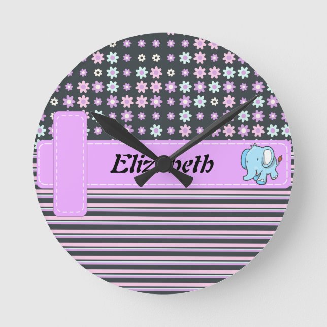 Cute Colourful Flowers Stripes Elephant Round Clock (Front)