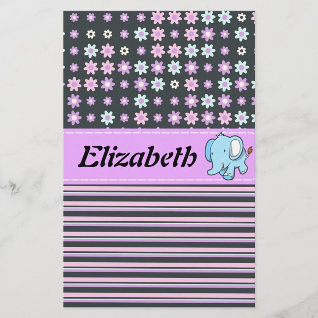 Cute Colourful Flowers Stripes Elephant Stationery (Front)