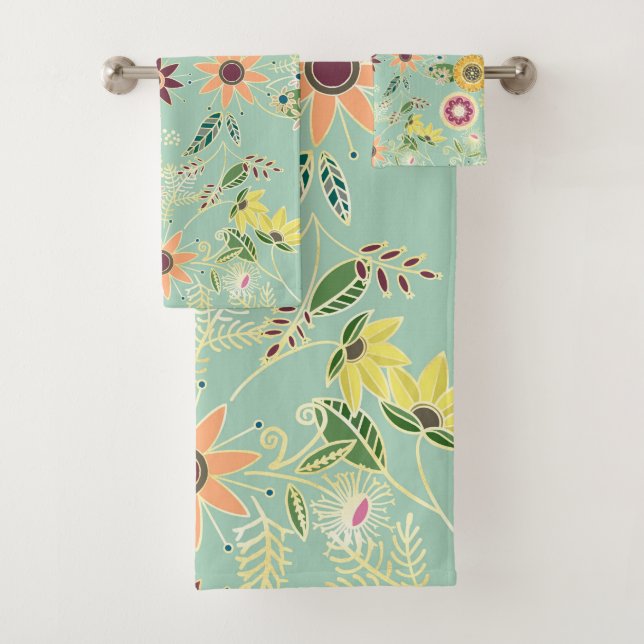 Cute Colourful Folk Floral Original Golden Design Bath Towel Set (Insitu)
