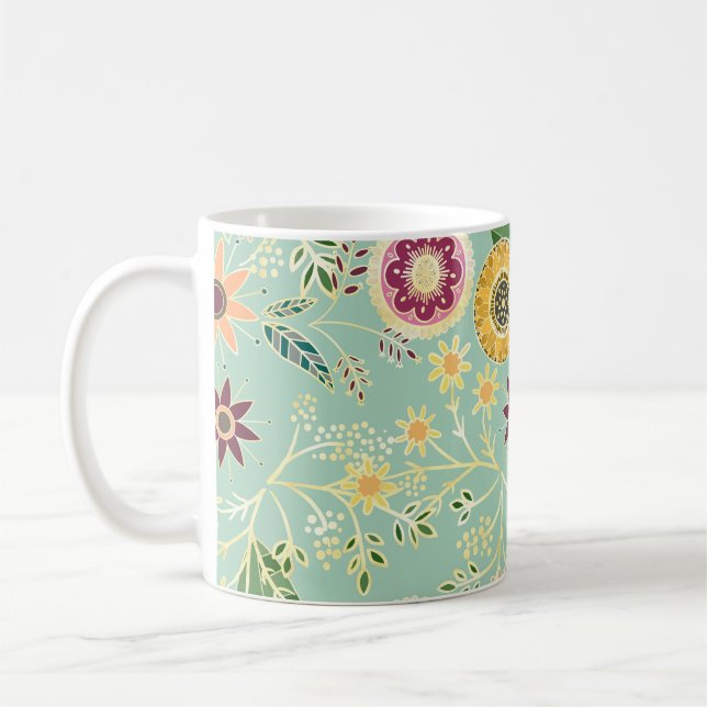 Cute Colourful Folk Floral Original Golden Design Coffee Mug (Left)