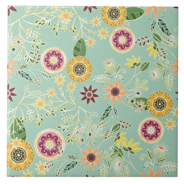 Cute Colourful Folk Floral Original Golden Design Tile (Front)