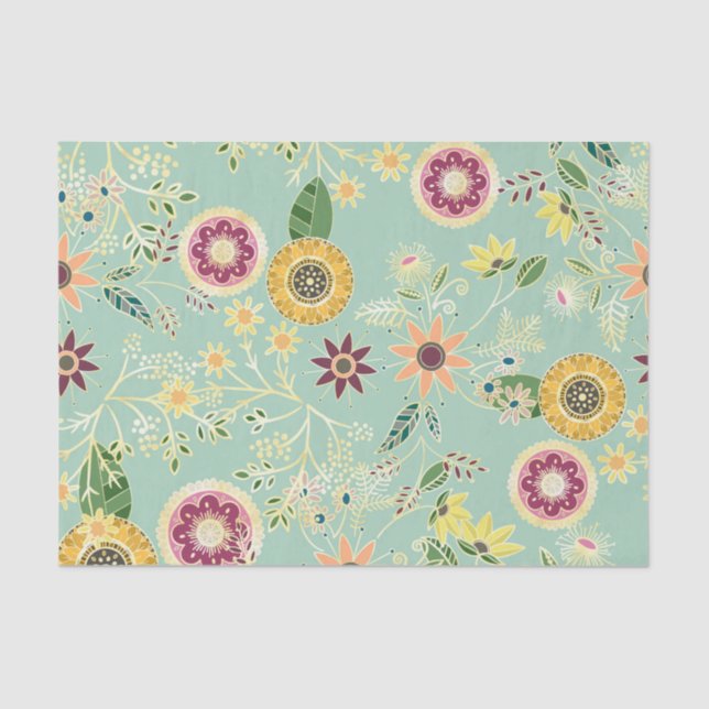 Cute Colourful Folk Floral Original Golden Design Tissue Paper (Front)