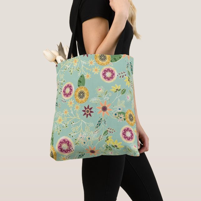 Cute Colourful Folk Floral Original Golden Design Tote Bag (Close Up)