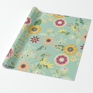 Cute Colourful Folk Floral Original Golden Design Wrapping Paper