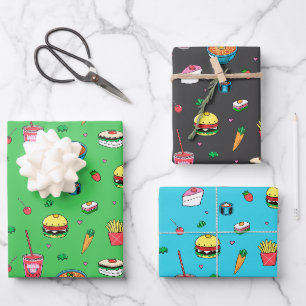 Cute Colourful Food Pattern Green Blue Black Wrapping Paper Sheet