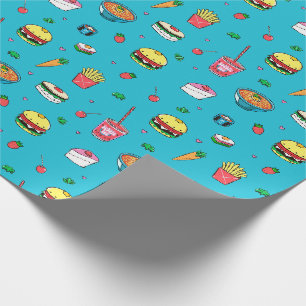 Cute Colourful Food Pattern on Blue Wrapping Paper