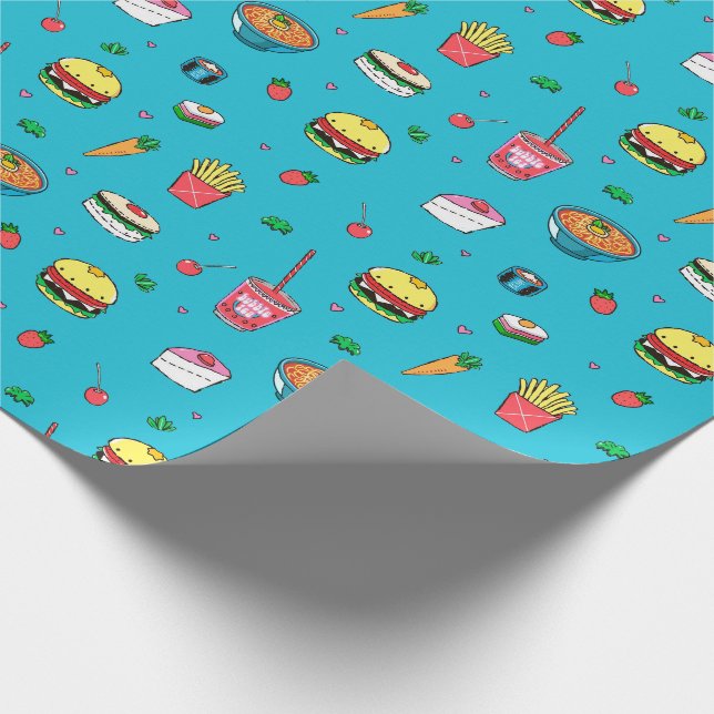 Cute Colourful Food Pattern on Blue Wrapping Paper (Corner)