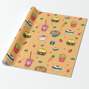 Cute Colourful Food Pattern on Orange Wrapping Paper