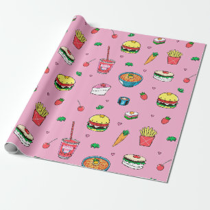 Cute Colourful Food Pattern on Pink Wrapping Paper