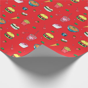 Cute Colourful Food Pattern on Red Wrapping Paper
