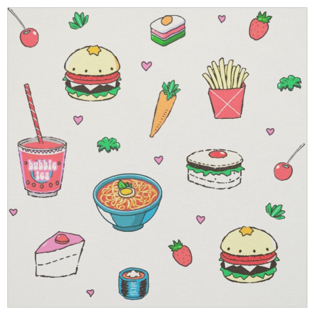 Cute Colourful Food Pattern on White Fabric (Swatch)