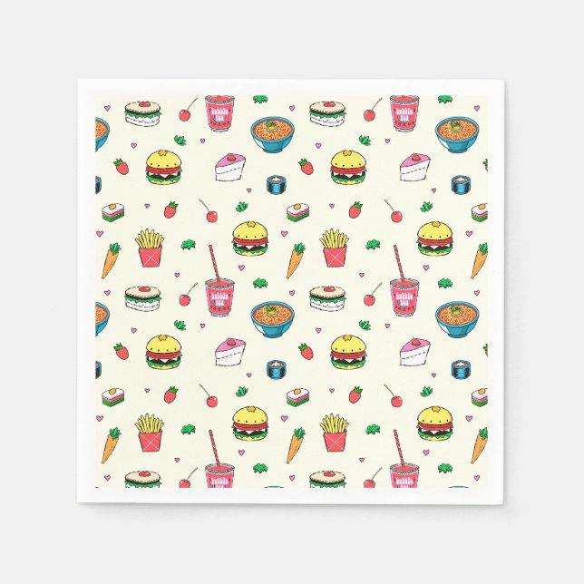 Cute Colourful Food Pattern on White Napkin (Front)