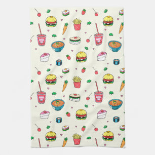 Cute Colourful Food Pattern on White Tea Towel