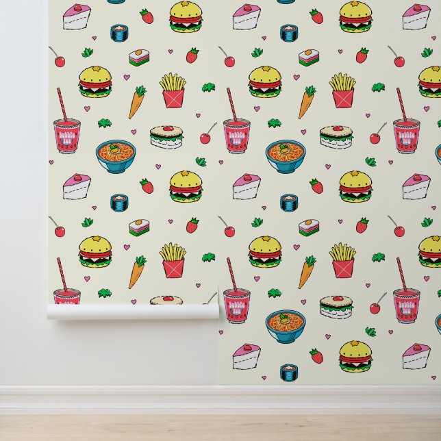 Cute Colourful Food Pattern on White Wallpaper (Application)