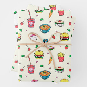 Cute Colourful Food Pattern on White Wrapping Paper Sheet