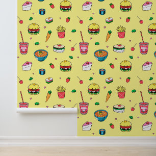 Cute Colourful Food Pattern on Yellow Wallpaper