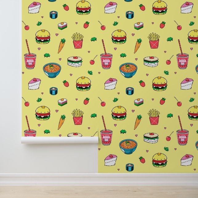 Cute Colourful Food Pattern on Yellow Wallpaper (Application)