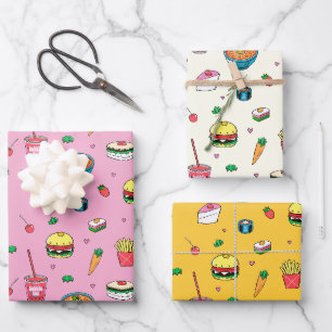 Cute Colourful Food Pattern Pink Yellow White Wrapping Paper Sheet